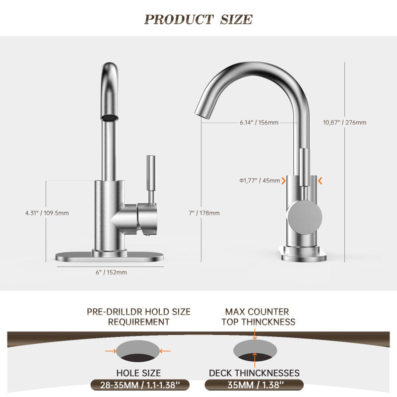 Phiestina Bathroom Sink Faucet,Single-Handle Bathroom Faucet with 4 Inch Deck Plate and Metal Drain, Fit for 1 or 3 Hole Installation, 360 Degree Rotation Spout, Brushed Nickel, WE08E-BN - Image 5